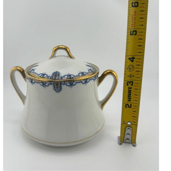 C Ahrenfeldt Limoges Made In France Sugar Bowl&Lid Double Handle Gold White Blue - Picture 4 of 7